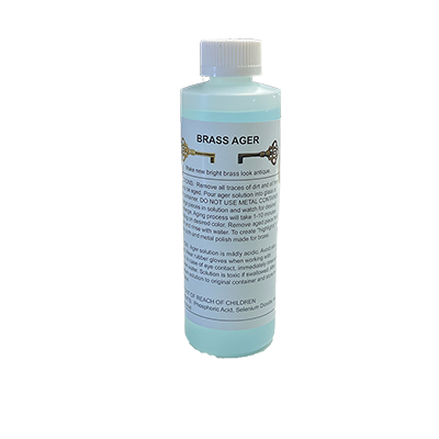8 oz bottle of brass ager & darkening solution, front label view