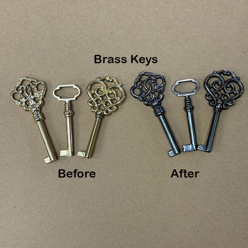 Brass keys aged with Kennedy Hardware's Metal ager