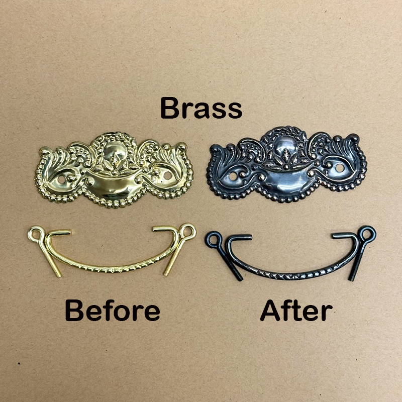 Before and after brass pull aged with Premium Metal Ager showing modern bright brass vs antique patina