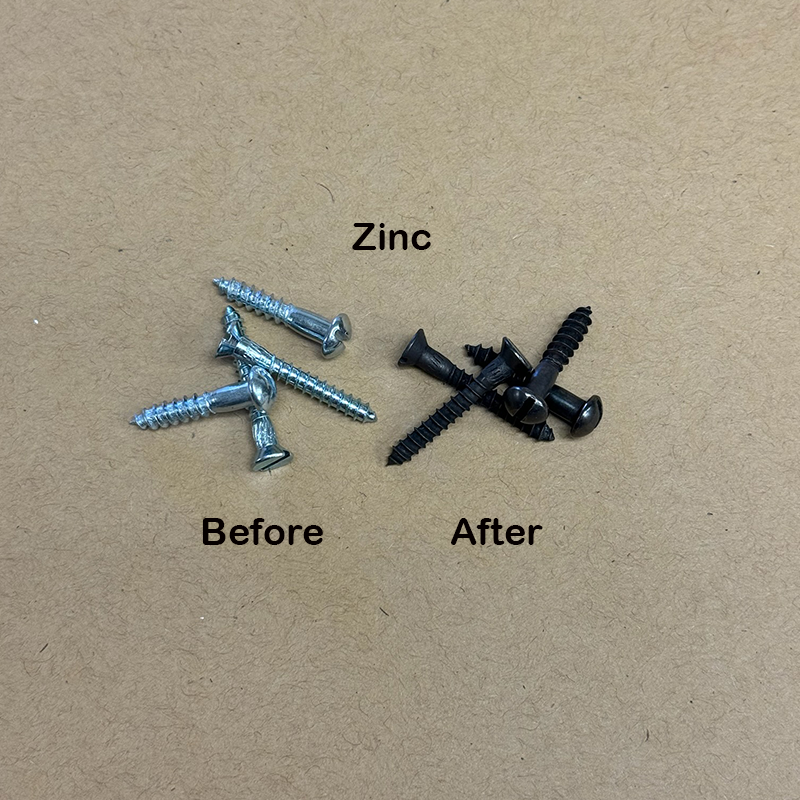 Premium Metal Ager effect on zinc screws before vs. after aging showing rich vintage finish