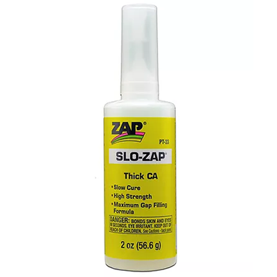 Slo‑Zap CA Thick 2 oz bottle with extended tip for gap-filling adhesive