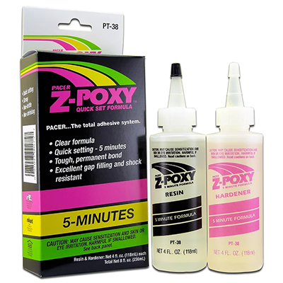 Packaging for ZAP Z-poxy 5 Minute System, showing two bottles of epoxy resin and a packet with product information.