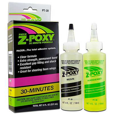 Z‑Poxy 30‑Minute epoxy set: two 4 oz bottles (resin and hardener) with retail box