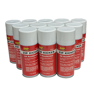 A 12-pack of Zip Kicker CA Accelerator spray cans arranged in four rows with the branding and product information visible on the labels.