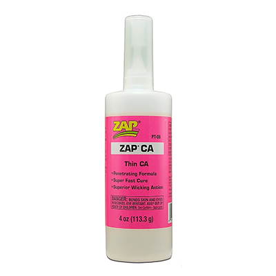 A 4oz bottle of Zap CA Thin super glue with a pink label.