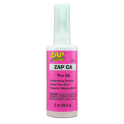 Close-up view of ZAP CA Thin bottle highlighting its ultra-thin formula ideal for tight joints