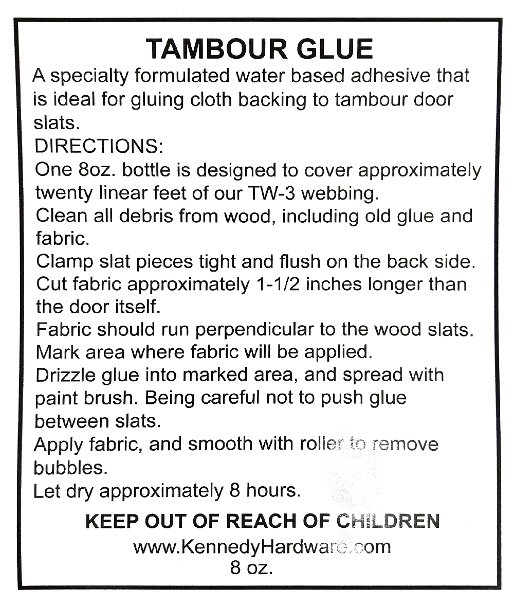 Close-up of tambour glue bottle label detailing application guidelines and cautions